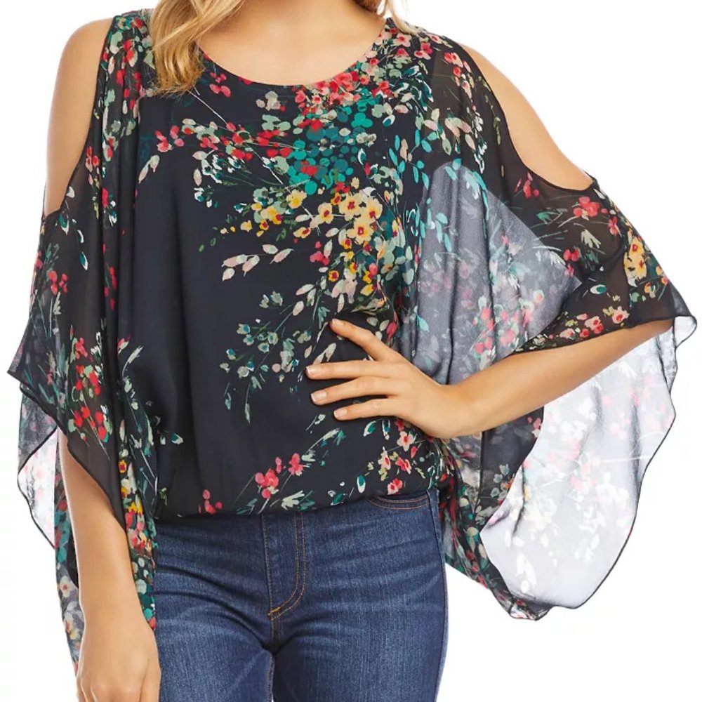 NWT $109 KAREN KANE Black Floral Handkerchief Cold Shoulder Blouse S